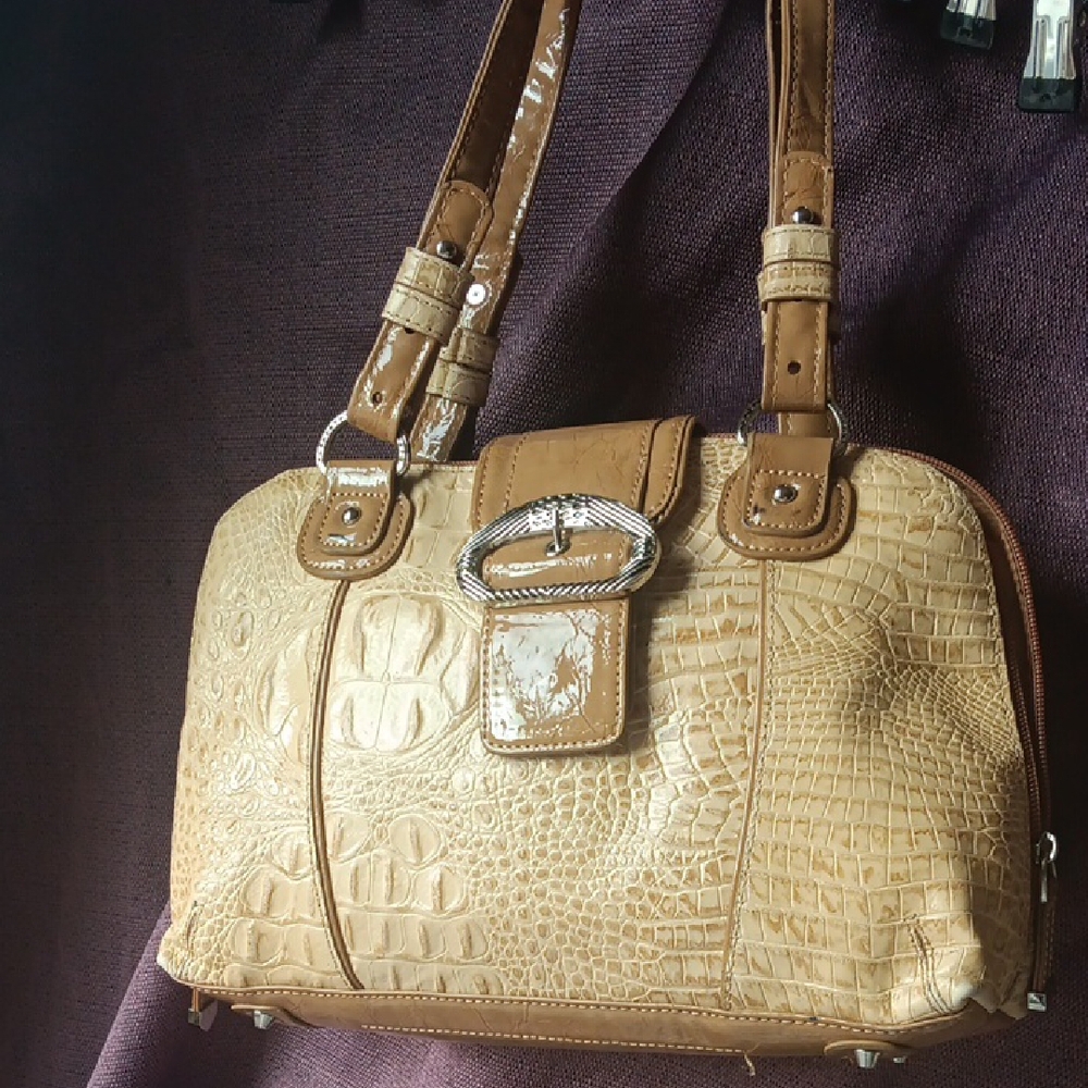 Tan Crocodile Embossed Shoulder Bag with Metallic Accents